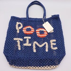 The Jacksons London Pool Time Jute Tote Bag Navy Blue Woven Beach Bag NEW